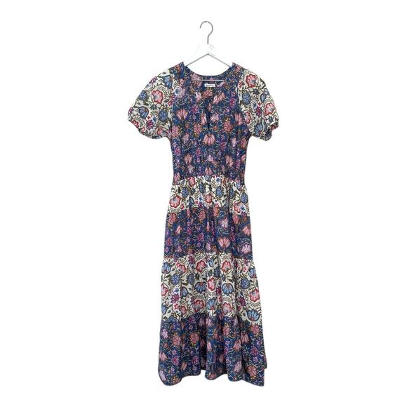 MAISIE Block Print Floral Boho Midi Dress in Ivory & Blue Size Small - Picture 8 of 9